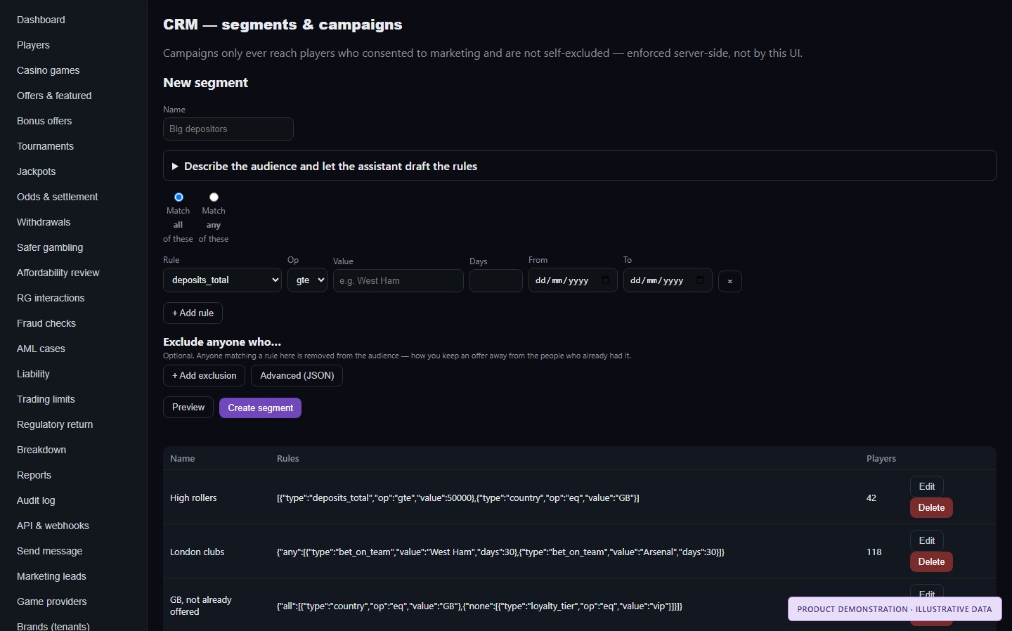 CRM segment builder with rule-based audiences and a note that campaigns only reach consenting, non-excluded players