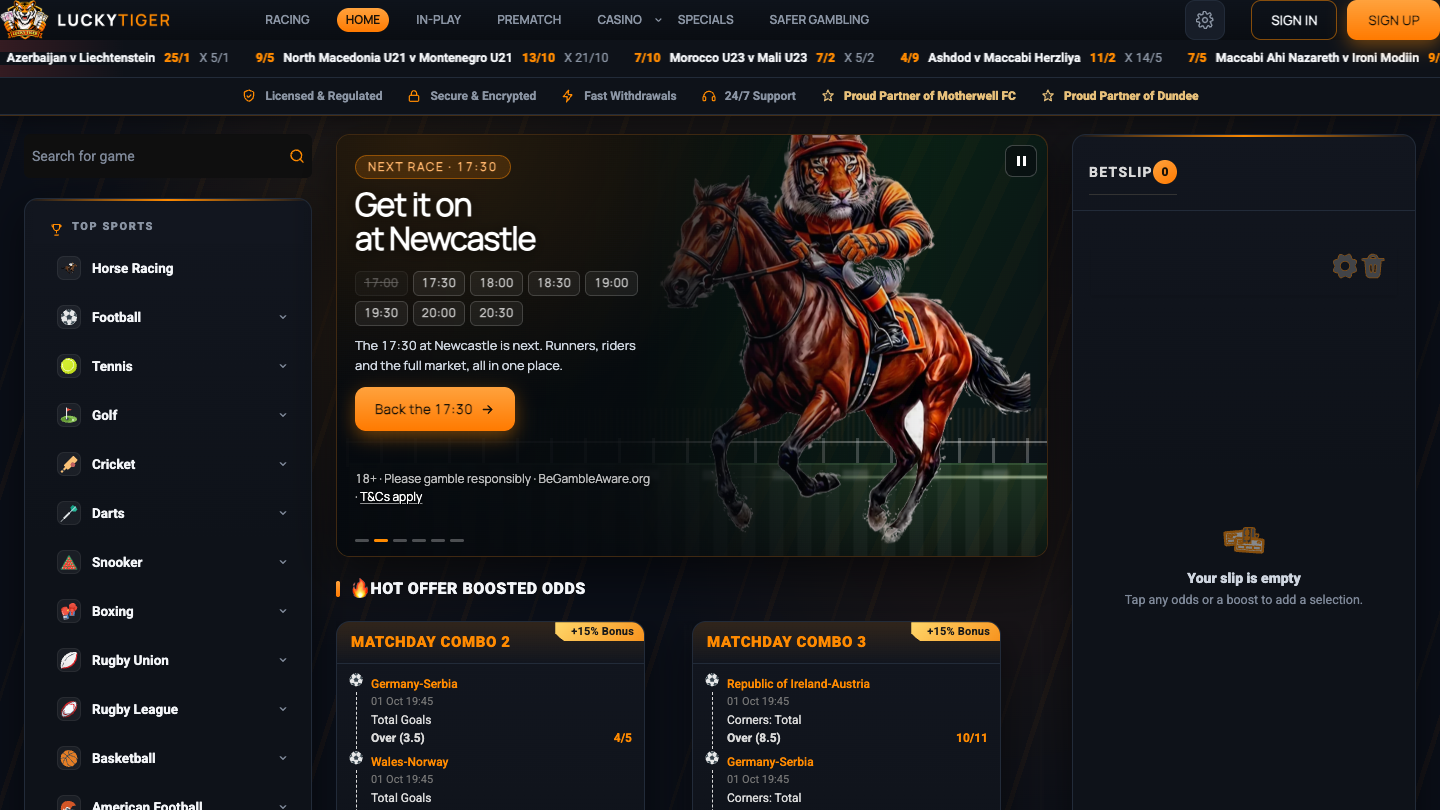 The Lucky Tiger homepage: racing, in-play and prematch navigation, a Newcastle race card, boosted multiples and a bet slip, with 18+ and BeGambleAware messaging on the promotion.